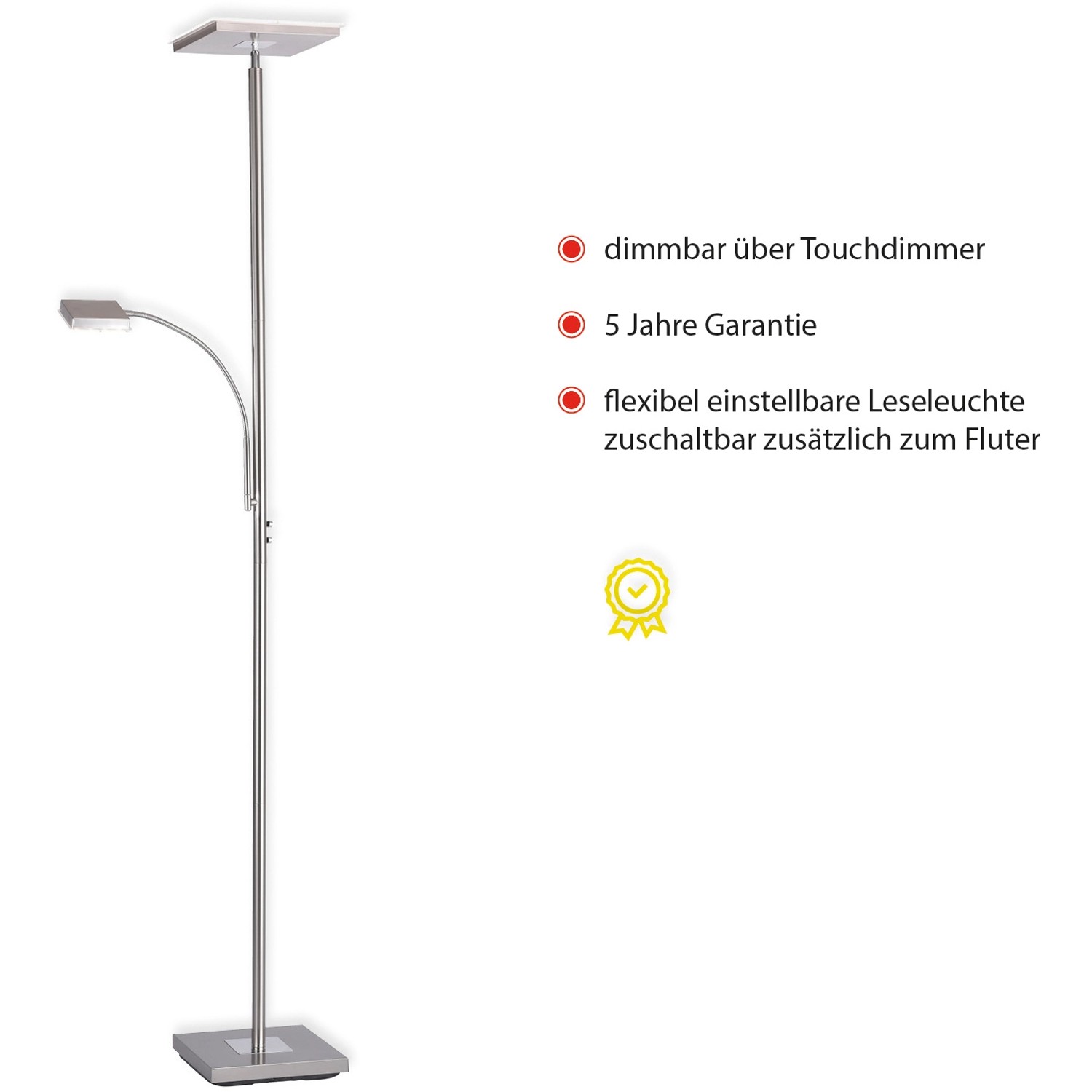 Moderne LED Stehleuchte Hans Stahl mit Lesearm, dimmbarer Deckenfluter für Wohnzimmer & Büro.