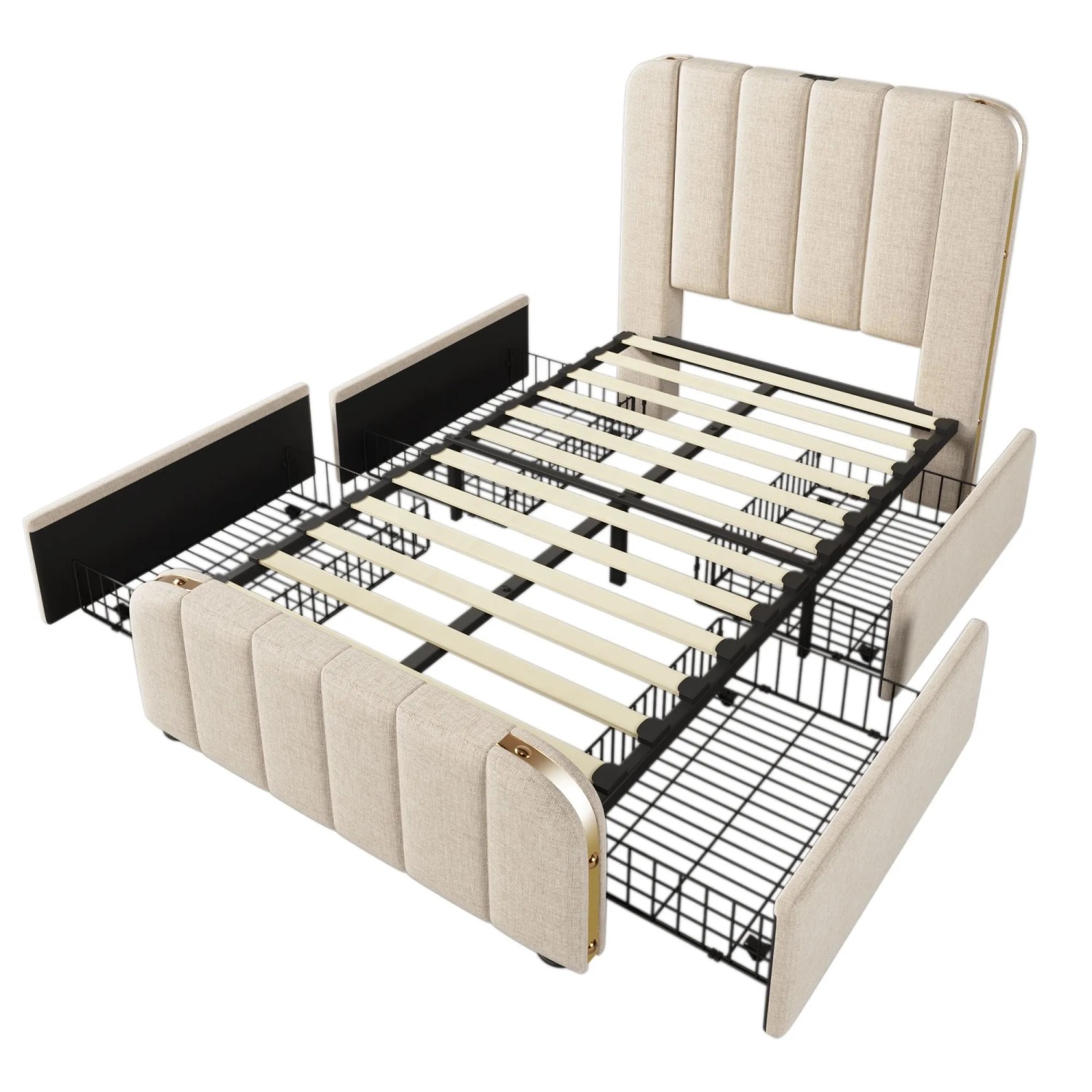 Merax Polsterbett 90x200cm USB-C Schubladen Beige Leinen
