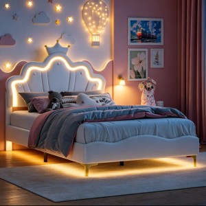 PXloue Kinderbett 140x190 cm PU-Polsterbett Jugendbett mit LED Jugendbett Verstellbarem Kopfteil Weiß