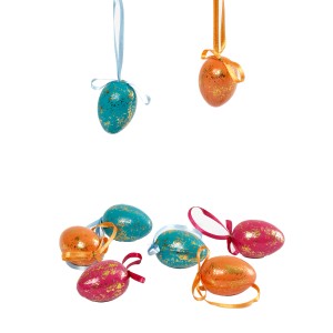 Brauns-Heitmann Ostereier, 8 Stk., mehrfarbig mit Gold-Marmorierung und Bändern zum Aufhängen.