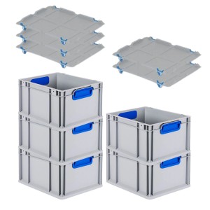 PROREGAL Spar Set: 5 graue Euroboxen mit blauen Griffen, Auflagedeckel und Schiebeschnappverschlüssen.