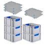 PROREGAL Spar Set: 5 graue Euroboxen mit blauen Griffen, Auflagedeckel und Schiebeschnappverschlüssen.
