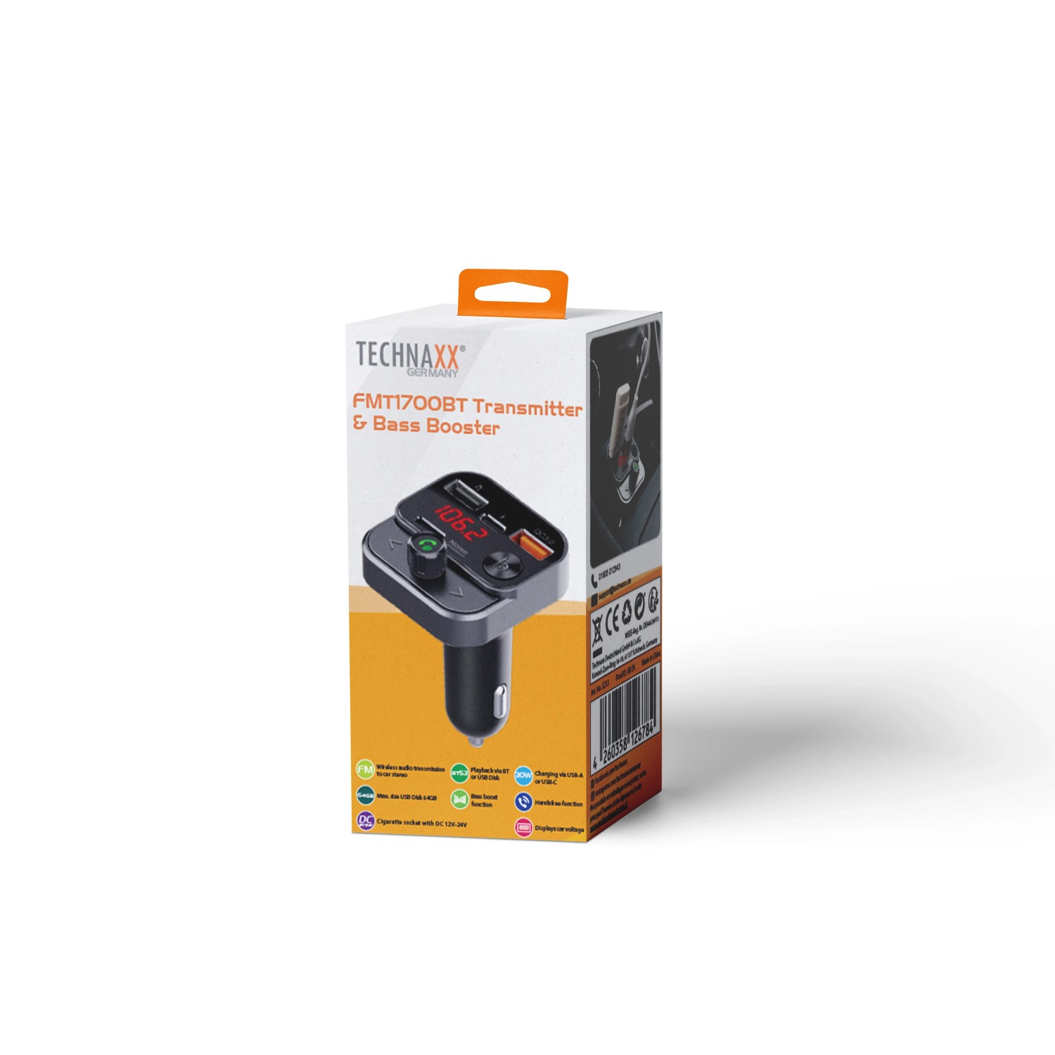 Technaxx FMT1700BT Transmitter in Verpackung. Kabellose Audioübertragung für Auto-Stereoanlage.