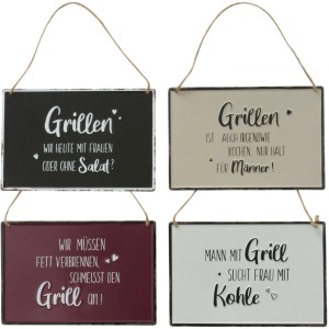 Mehrfarbiges Boltze Schild 4-fach sortiert mit Grill-Motiven als Deko-Highlight.