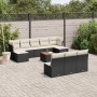 Schwarze 11-tlg. vidaXL Garten-Sofagarnitur aus Poly Rattan mit cremeweißen Kissen und Akazientisch.