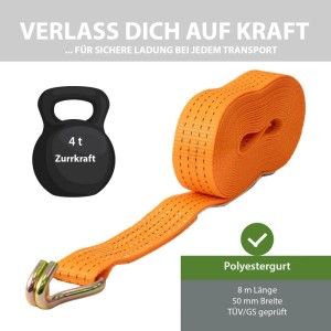 Orange TRUTZHOLM Ratschen Spanngurt, 8m, 4t Zurrkraft, mit Haken. Ideal für Autoanhänger Ladungssicherung, TÜV/GS geprüft.