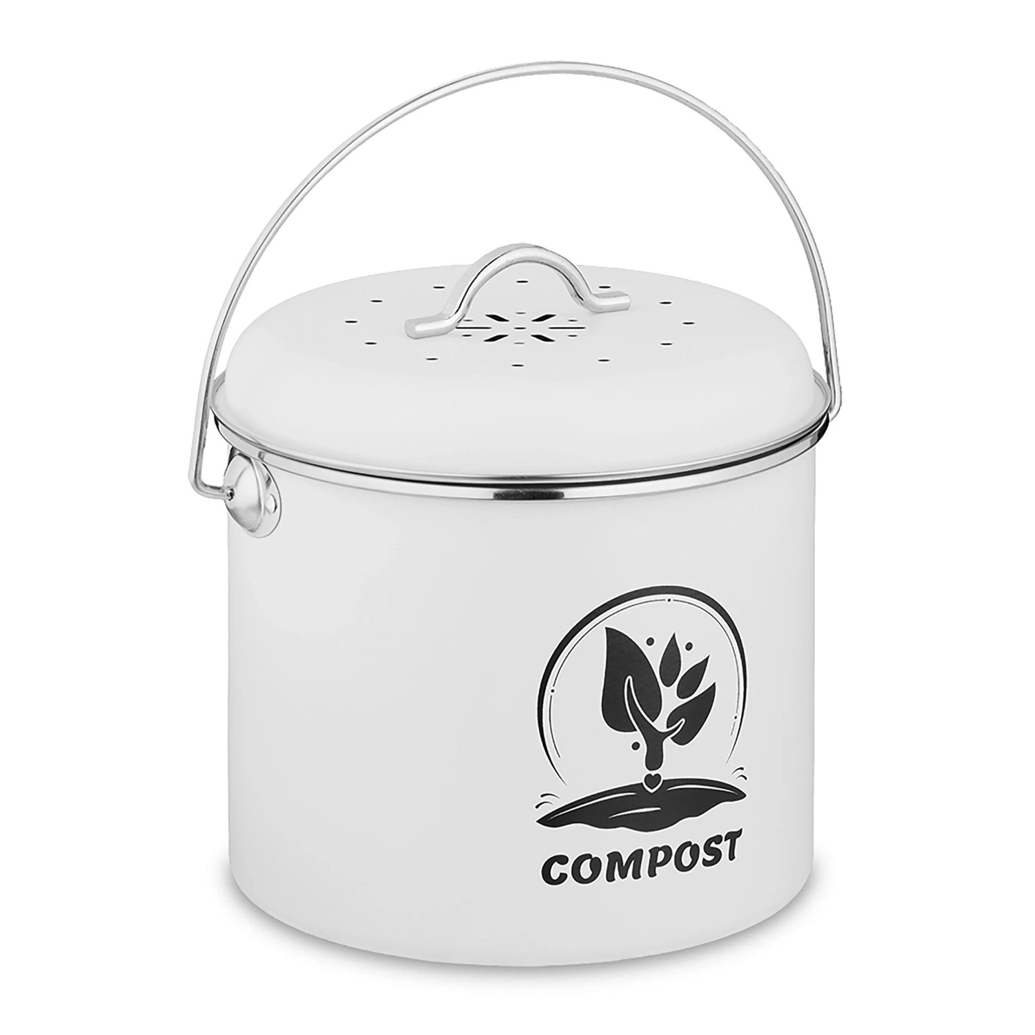 Weißer Metall Komposteimer mit Deckel, Henkel und "COMPOST" Aufschrift. Geruchsdichter Bioeimer für Küchenabfälle.