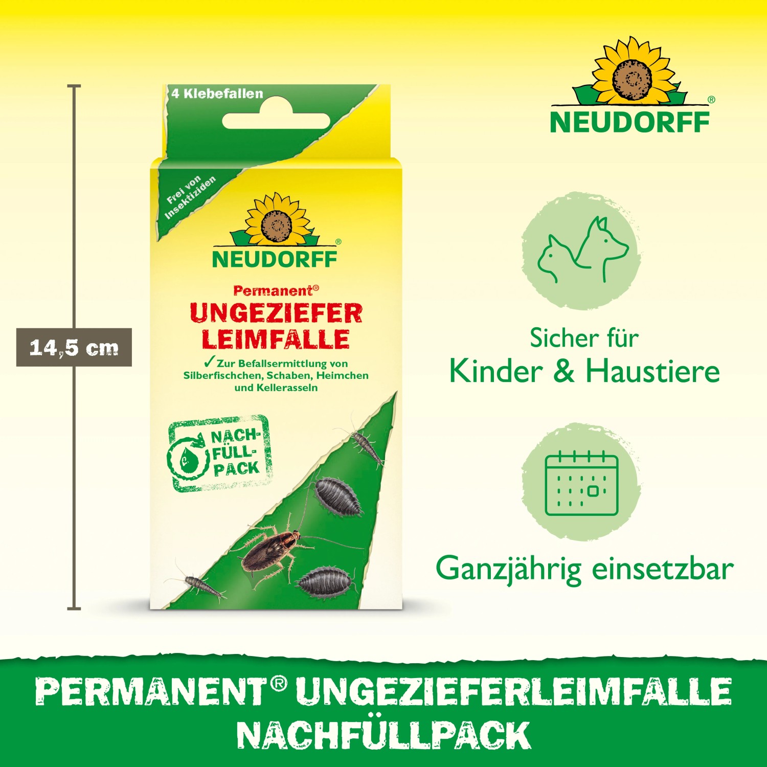 Neudorff Ungezieferleimfalle Nachfüllpack, 4er-Packung zur Befallsermittlung von Schaben, Silberfischchen u.a.