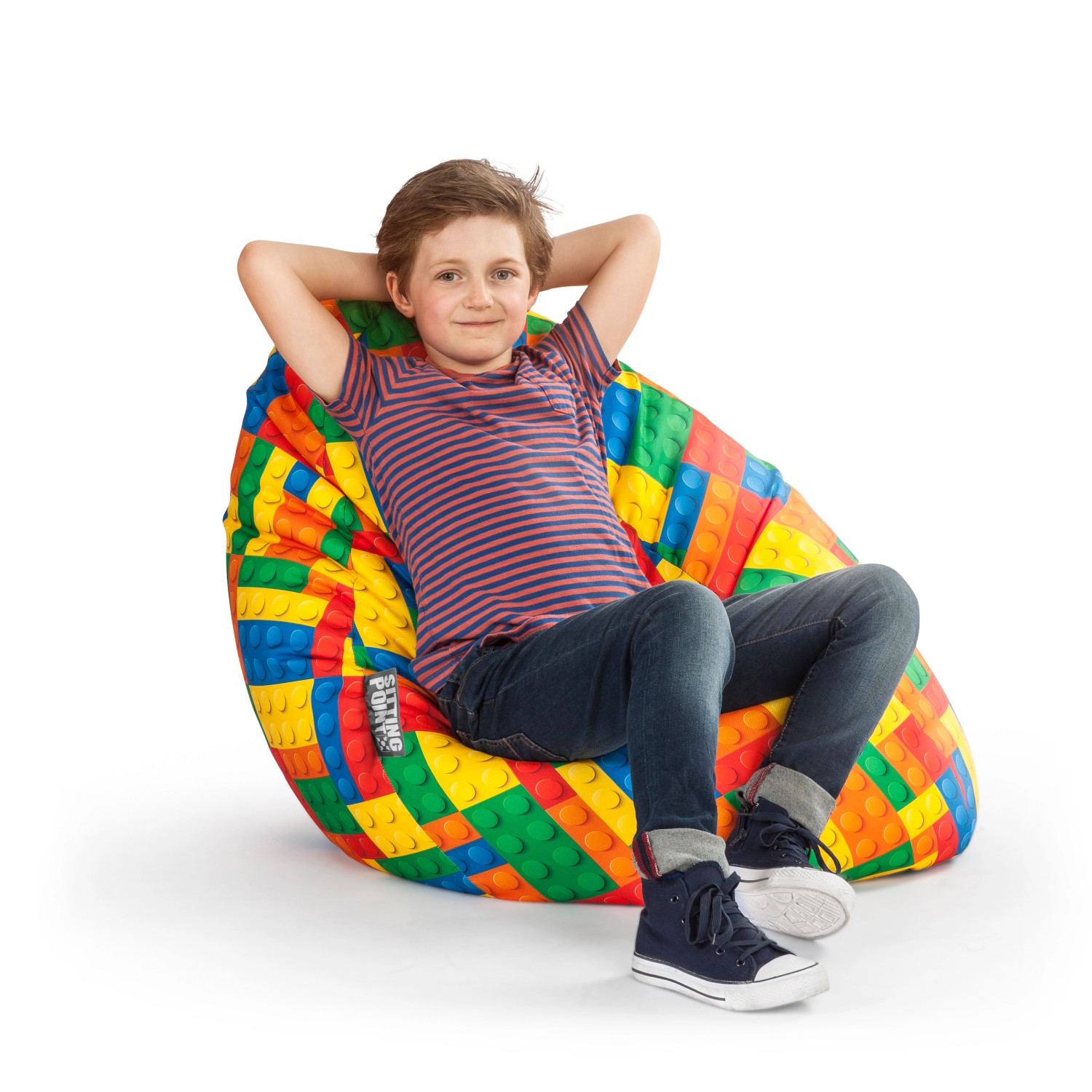 Bunter Sitting Point Sitzsack Bricks, 120 l, mit Kind. Bequemer Sitzsack für Kinderzimmer.