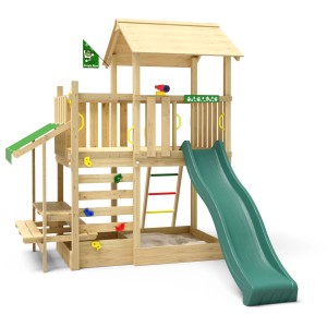 Jungle Gym Spielturm Plaza mit Rutsche, Kletterwand, Sandkasten und Picknickmodul aus Holz.