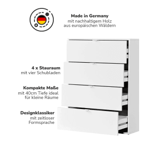 Weiße mokebo Kommode mit 4 Schubladen, modernes Sideboard für Wohn- und Schlafzimmer.