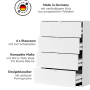 Weiße mokebo Kommode mit 4 Schubladen, modernes Sideboard für Wohn- und Schlafzimmer.