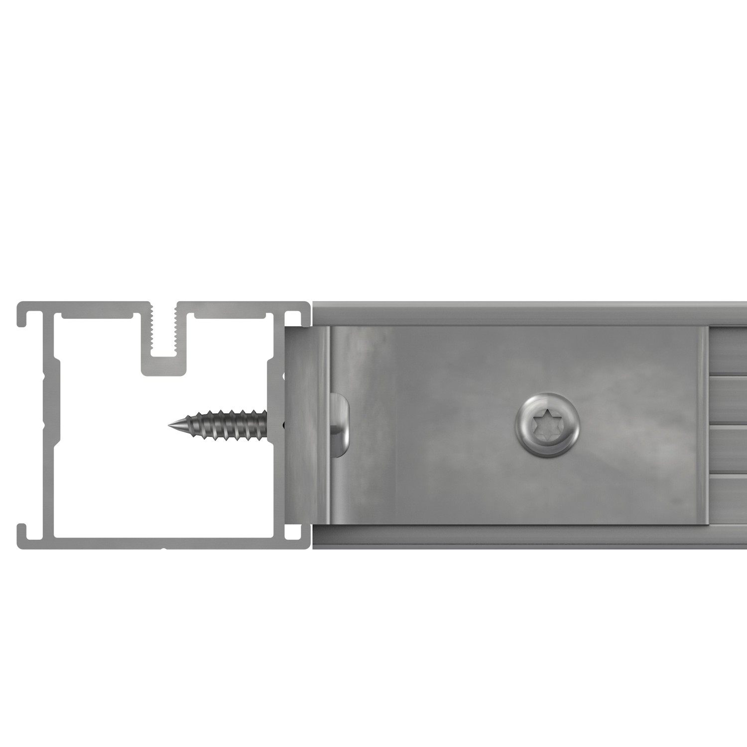 Detailaufnahme: Weißes Aluprofil (45x38x2 mm) für Terrassendielen mit Schraube und Befestigungsclip.
