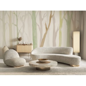 Komar Vliestapete Shadow Woods: Mehrfarbige Fototapete mit Waldmotiv im Wohnzimmer.