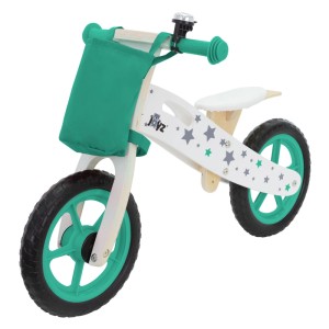 Joyz Kinder Laufrad aus Holz, grün-weiß mit Sternen, Klingel und Stoffbeutel. Robuster Rahmen, Vollgummi-Räder.