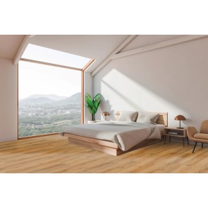 Verlegter Click-Vinylboden Comfort Agullana Eiche im Schlafzimmer mit Kork-Trittschalldämmung.
