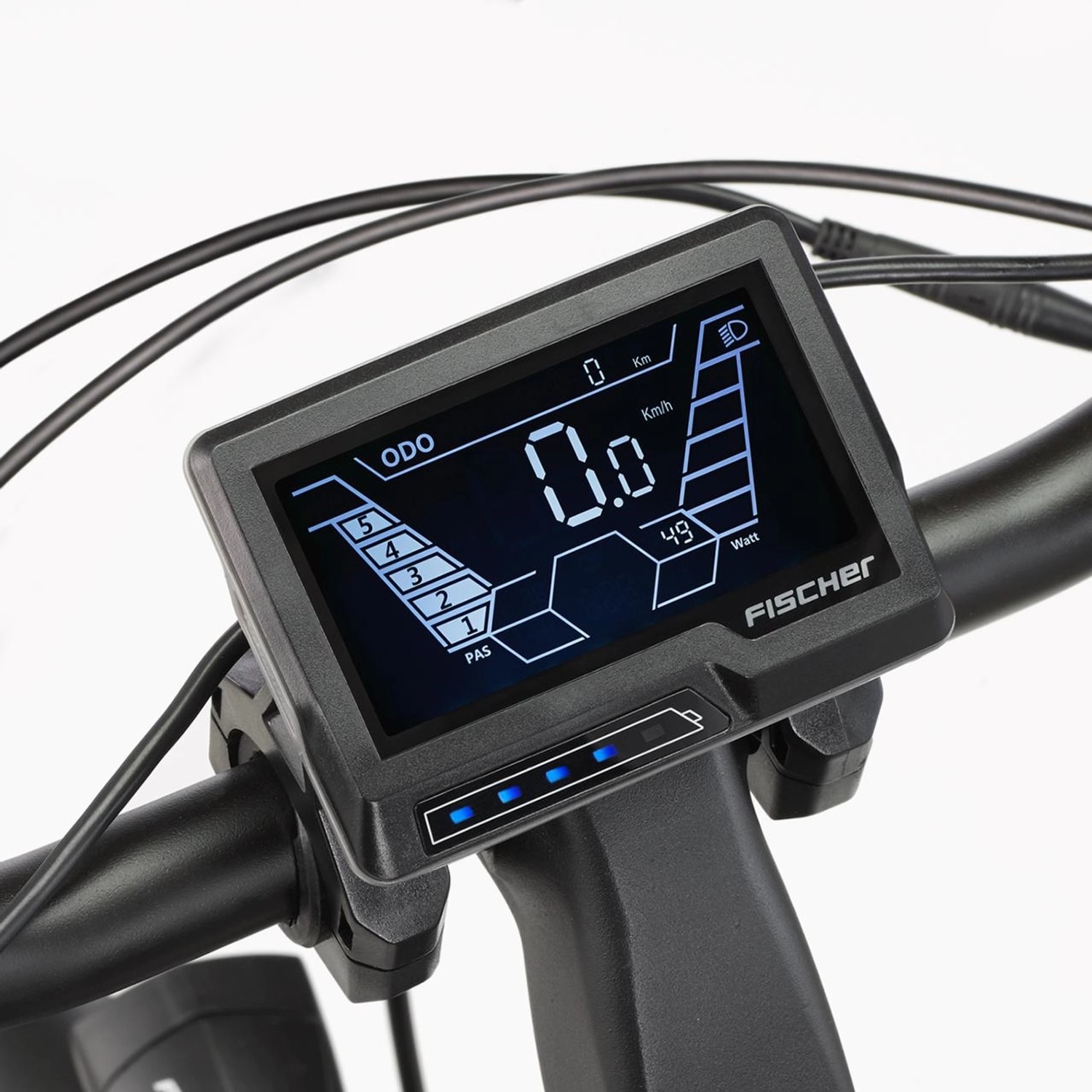 Display des Fischer Cita 3.1i E-Bike City-Fahrrads mit Geschwindigkeitsanzeige und Akku-Status.