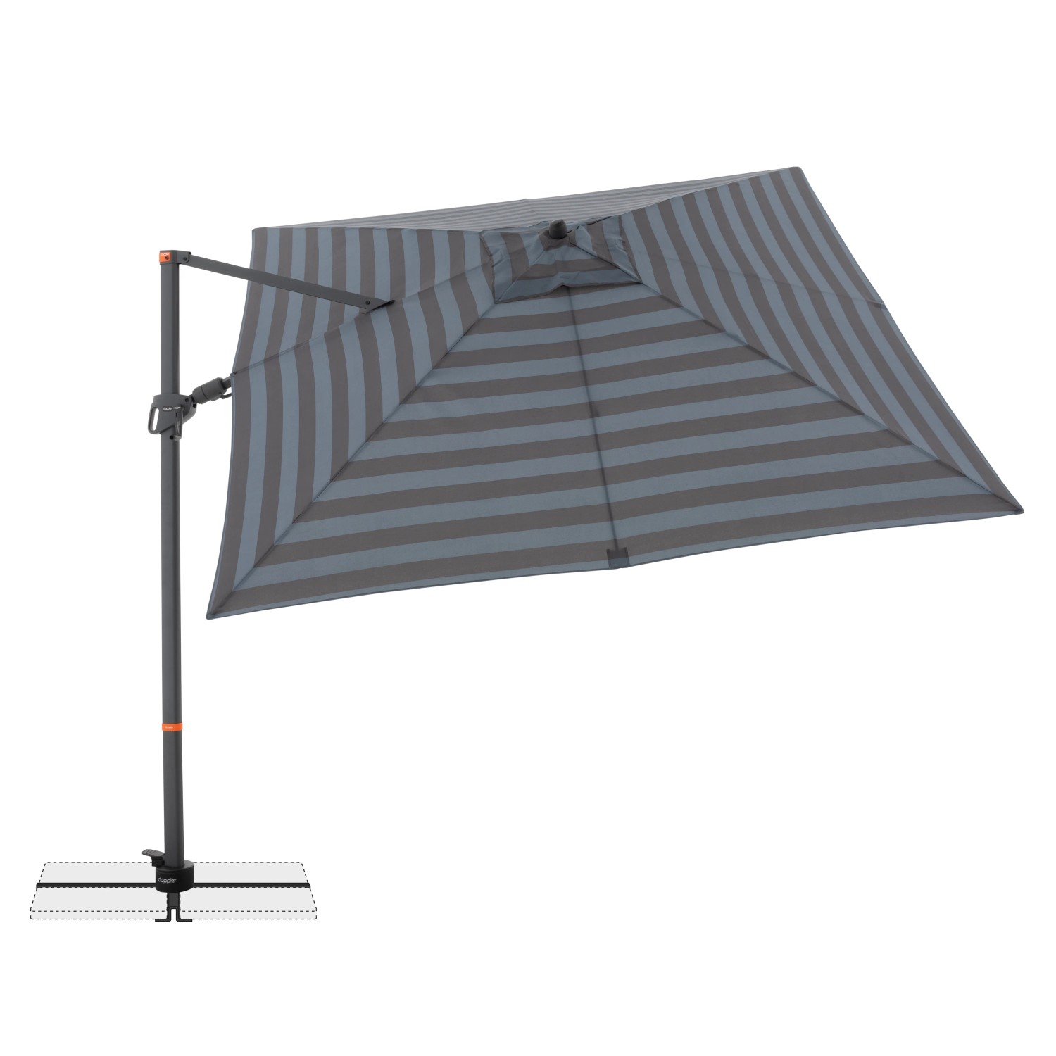 Doppler Ampelschirm MyZone, 280x280 cm, blau-grau gestreift, mit Kurbelmechanik.