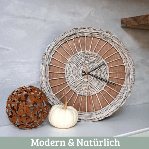 DELUKE Wanduhr Groß Holz RATTAN 37cm Ø Massivholz Geräuschlos Wohnzimmeruhr Holzoptik Küchenuhr Dekouhr