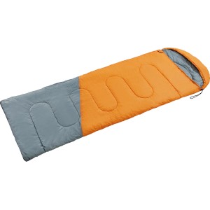Grau-orangener Schlafsack mit Kopfraum und Steppung für Camping & Outdoor.