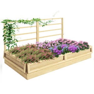 Outsunny Hochbeet aus Tannenholz mit Rankgitter, bepflanzt mit Blumen und Kletterpflanzen.