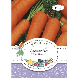 Saatgutpackung Grüne Fee Speisemöhre Rote Riesen 2 mit Karotten im Hintergrund.