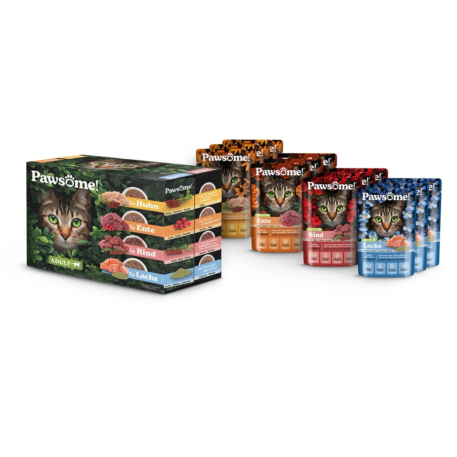 Pawsome Katzen-Nassfutter Adult Multipack, 12 x 85g, verschiedene Sorten wie Huhn, Rind, Lachs und Ente.