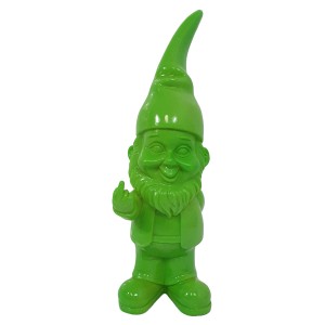 Grüne Deko-Figur: Zwerg mit Stinkefinger, 17,5 cm hoch, aus Polyresin für den Garten.