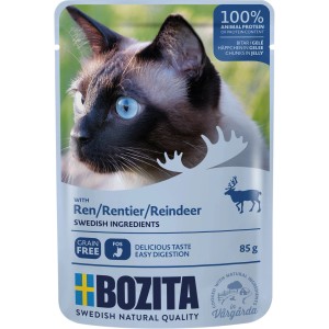 Bozita Katzen-Nassfutter Rentier im Gelee, 85g Packung mit Katzenbild.