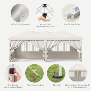 Beiger WOLTU Faltpavillon 3x6 mit Seitenwänden und Pop-Up Mechanismus für Garten und Camping.