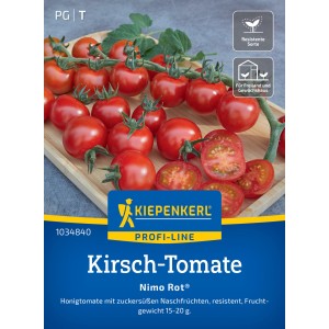Kiepenkerl Kirschtomate Nimo Rot F1-Hybride: Kleine, rote, süße Tomaten an Rispen auf einer Holzunterlage.