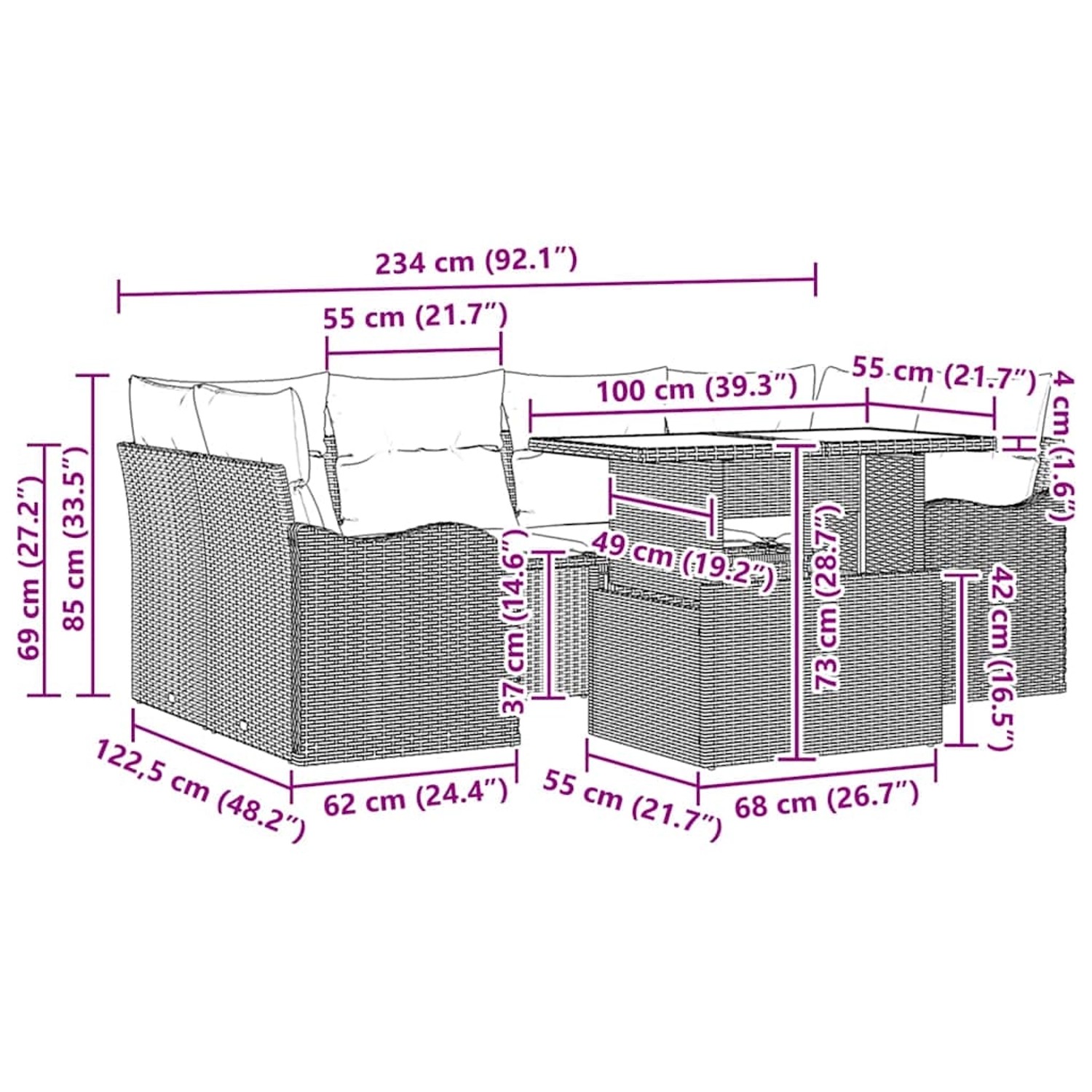 vidaXL Gartenmöbel-Set, 7-teilig, braunes Poly Rattan, mit Maßen. Ideal für Terrasse und Garten.