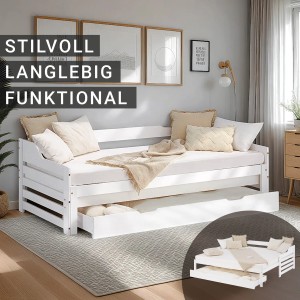 Weißes Homestyle4u Tagesbett/Ausziehbett 90x200 mit Bettkasten und Matratze.