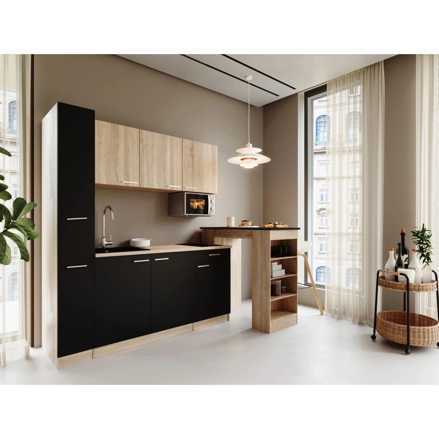 Respekta Ingrid Singleküche 180 cm Schwarz inkl. Mikrowelle Bartisch und Apo.