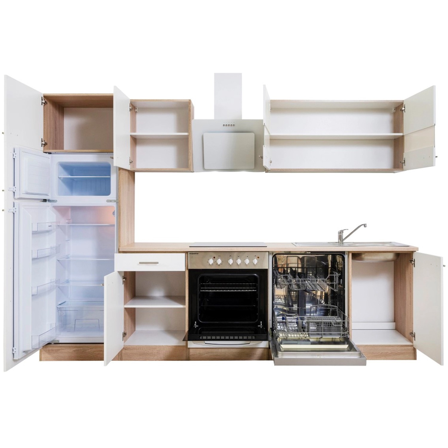 Respekta Küchenzeile KB280ESWCGKE, 280 cm, Weiß/Eiche Sägerau Nachbildung, mit E-Geräten und Spüle.