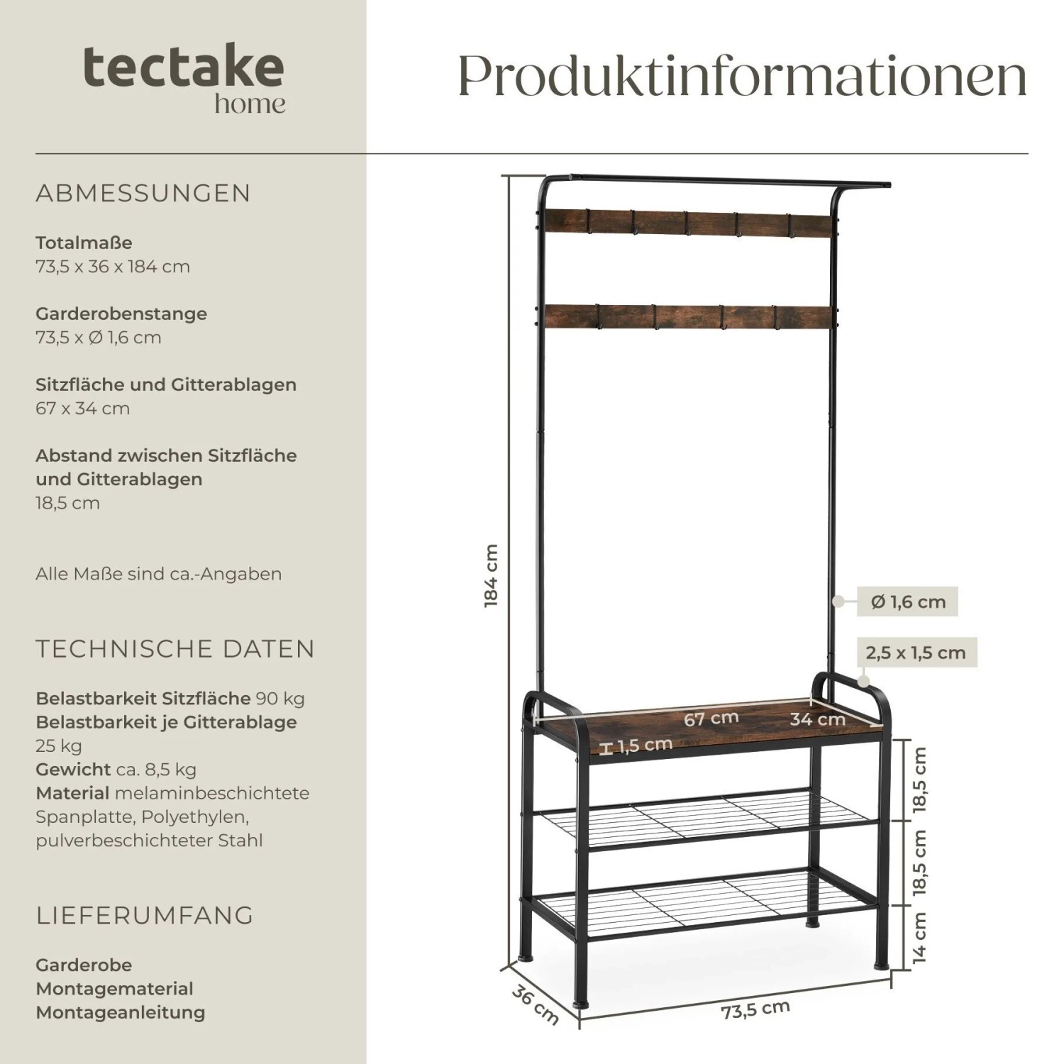 Tectake Garderobenständer Wichita im Industrial Style aus Holz und Stahl, 184cm hoch.