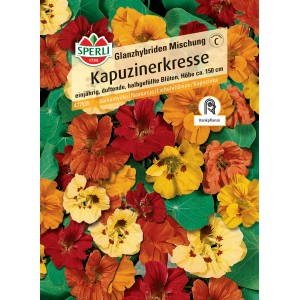 Samenpackung Kapuzinerkresse Glanzhybriden Mischung mit bunten Blüten.