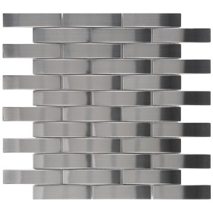 Mosaikfliese aus Edelstahl, 29x28 cm, mit rechteckigen, horizontal angeordneten Elementen.