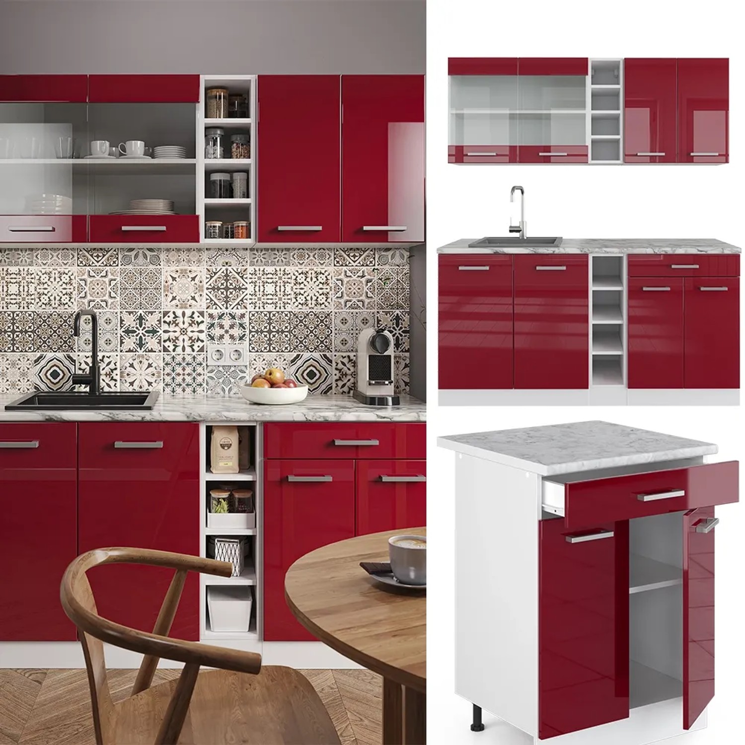 Vicco R-Line Singleküche, 160 cm, Bordeaux Hochglanz/Weiß, ohne Arbeitsplatte.