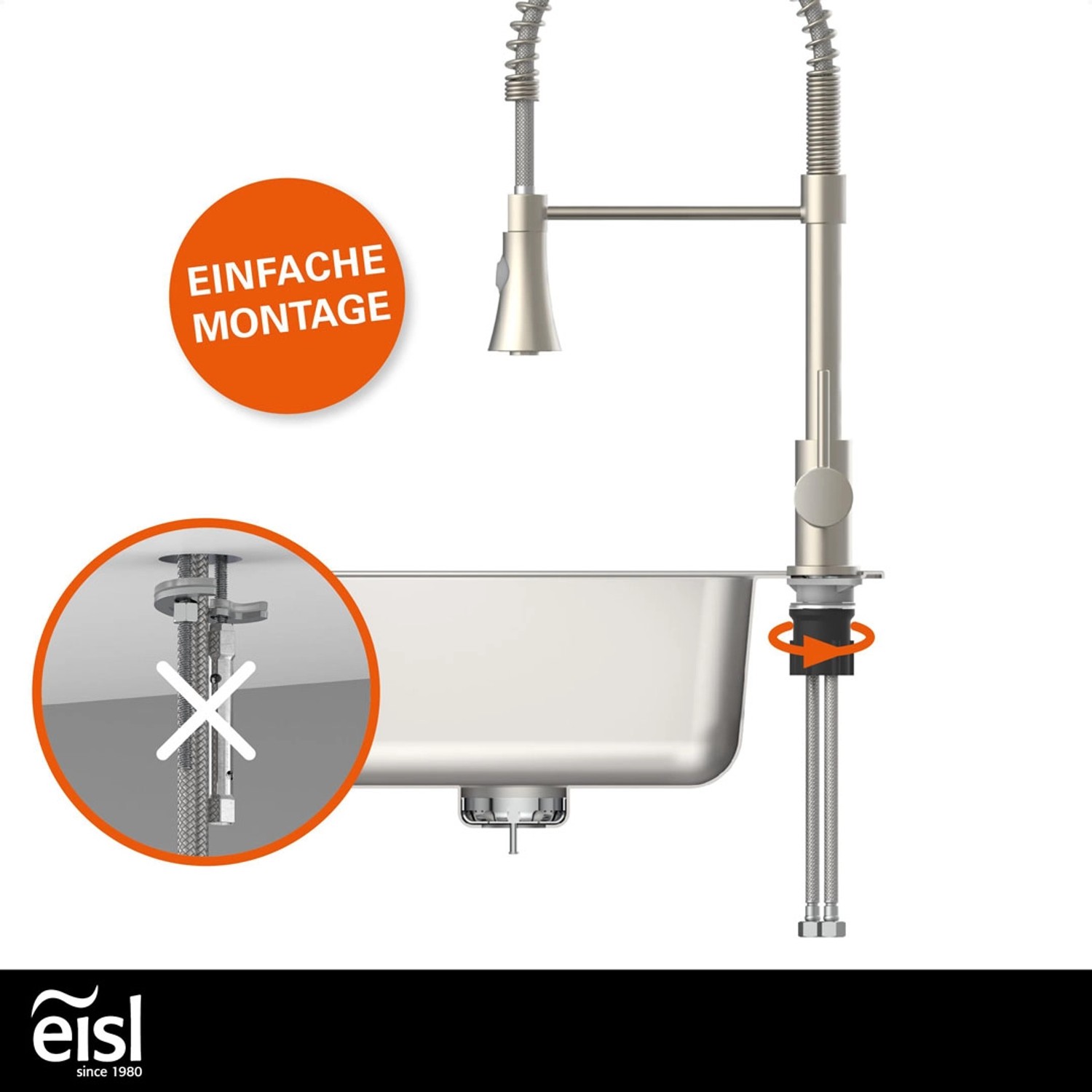 Eisl Spültischarmatur Leon Edelstahloptik mit Geschirrbrause und einfacher Montage.