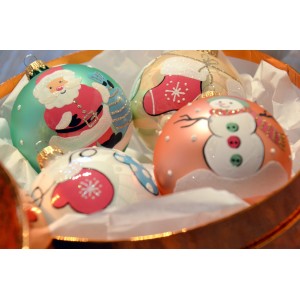 4er Set Krebs Glas Lauscha Weihnachtskugeln American, 8cm, mit Santa, Schneemann, Socke und Handschuh Motiven.