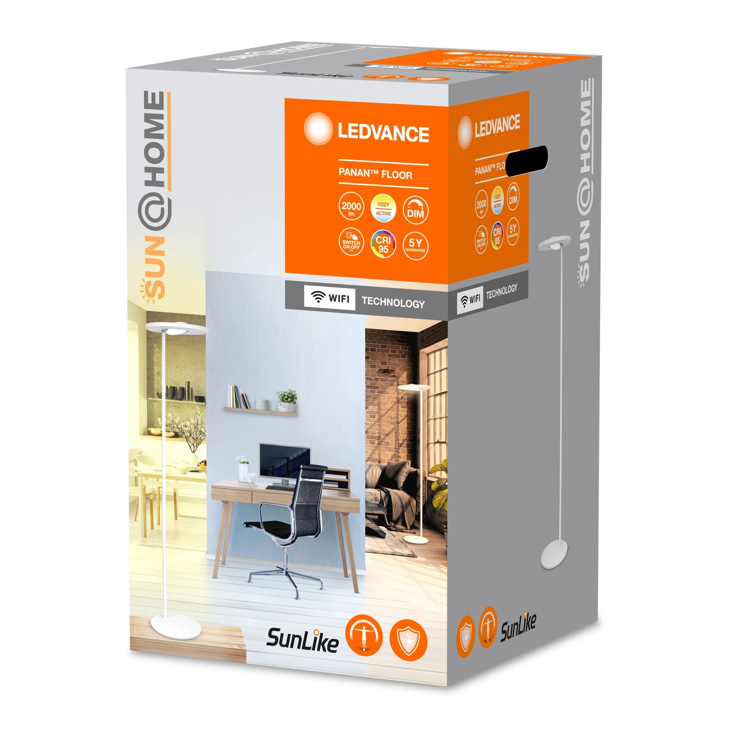Verpackung der weißen Ledvance Sun@Home Smart+ Stehlampe, 180 cm hoch. Smarte Leuchte mit WiFi.