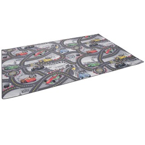 Grauer Kinderteppich mit Disney Cars Motiv, 133x133 cm, ideal zum Spielen.