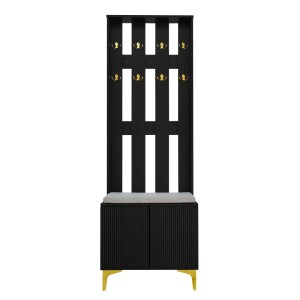 Schwarzes Garderobenset mit Schuhschrank, goldene Haken, gepolstertem Kissen und Wellenstruktur. Modernes Flurmöbel.