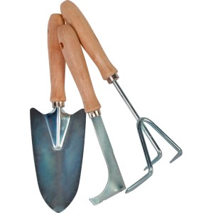 3-teiliges Gartenhandgeräte Set mit Pflanzkelle, Fugenkrätzer und Gartenkralle aus Stahl mit Holzgriffen.