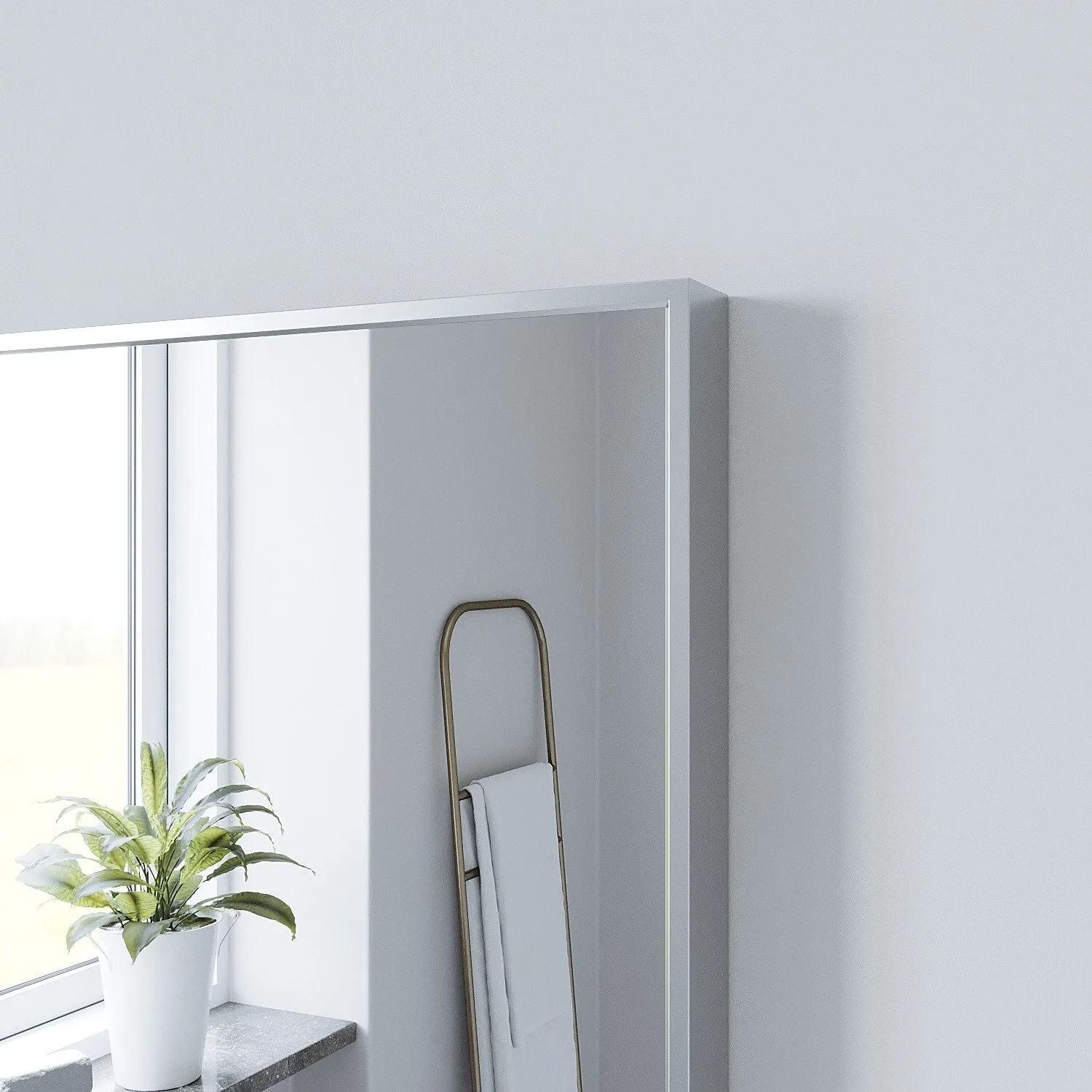 Rechteckiger Aquabatos Badspiegel 100x60 mit Ablage, silber matt, im modernen Badezimmer.