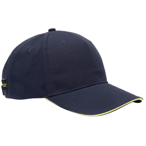 Marineblaue Uncle Sam Cap mit gelber Paspel am Schirm und Uncle Sam Label. Verstellbare Kappe für Arbeitskleidung & Zubehör.