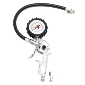 Silberne Reifenfüllpistole mit Manometer, schwarzem Schlauch und Schnellanschluss für präzise Druckprüfung. Zubehör für Kompressoren.