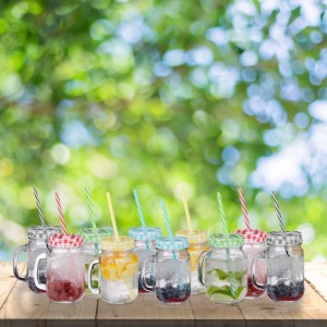 Relaxdays Trinkgläser 10er Set Glas Transparent mit Deckel und Strohhalm 13,5 cm x 11 cm x 8 cm