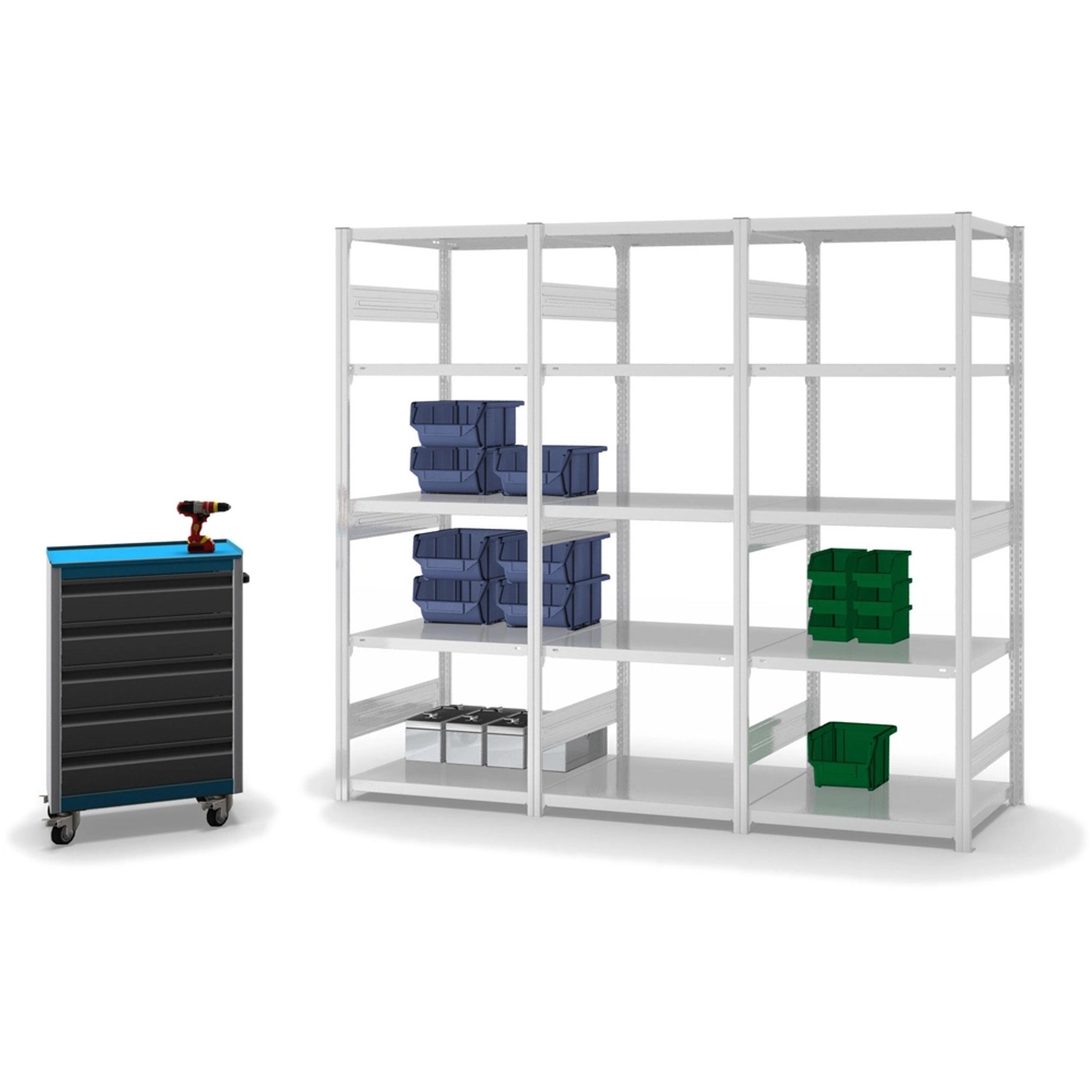 PROREGAL Fachbodenregal, Stecksystem, lichtgrau, 200x75x60cm, mit 5 Ebenen und blauen/grünen Boxen.